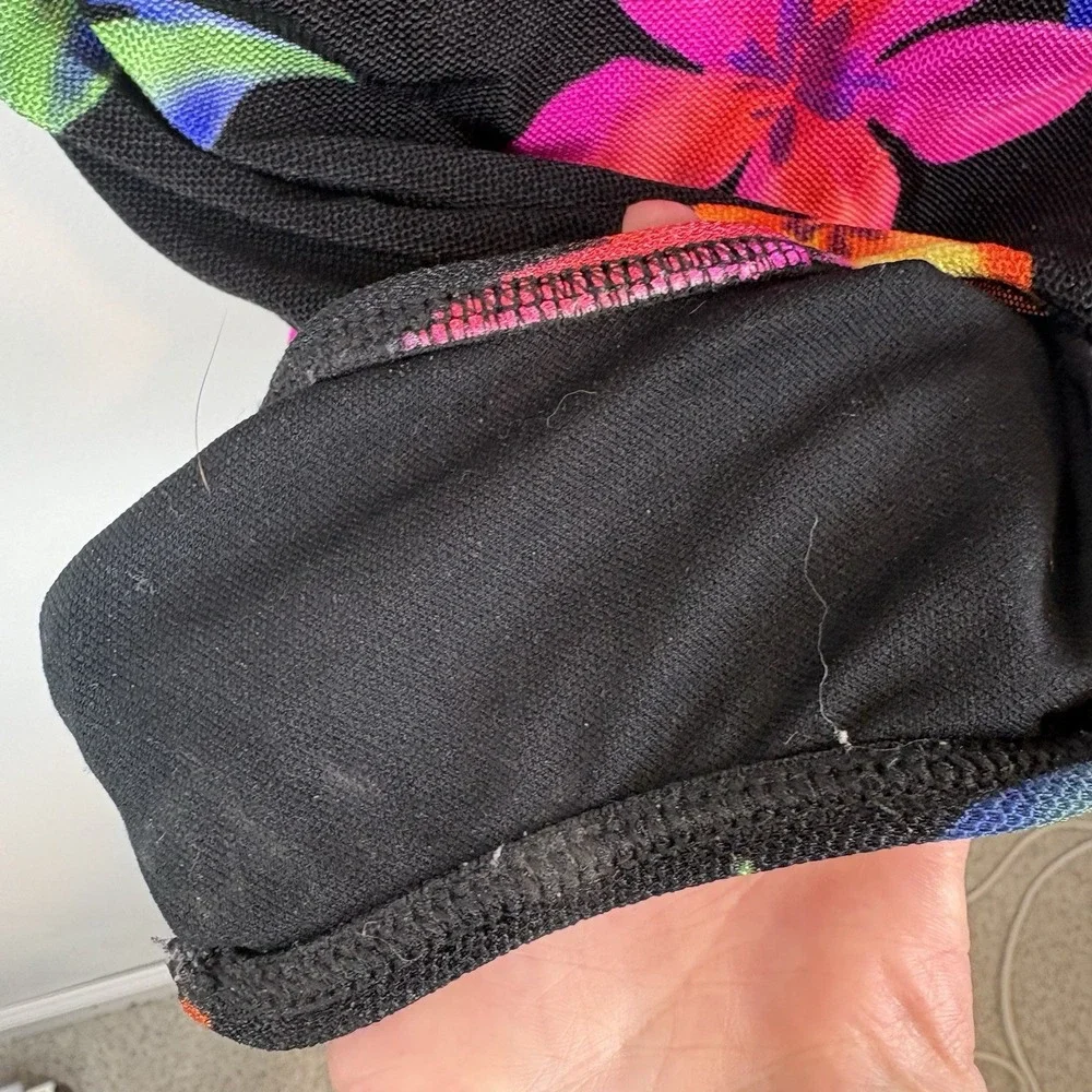 Vintage 80's Nylon Mesh Black Floral Pink One Piece Swimsuit Robby len Size 10 M